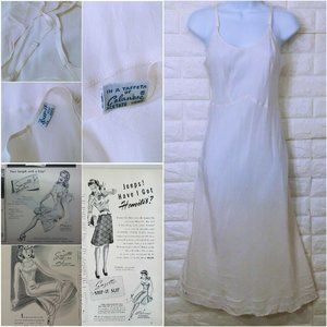 Vintage 40s The Snip-It Full Slip-Dress -36 Celanese Taffeta Strappy Ivory Flaws